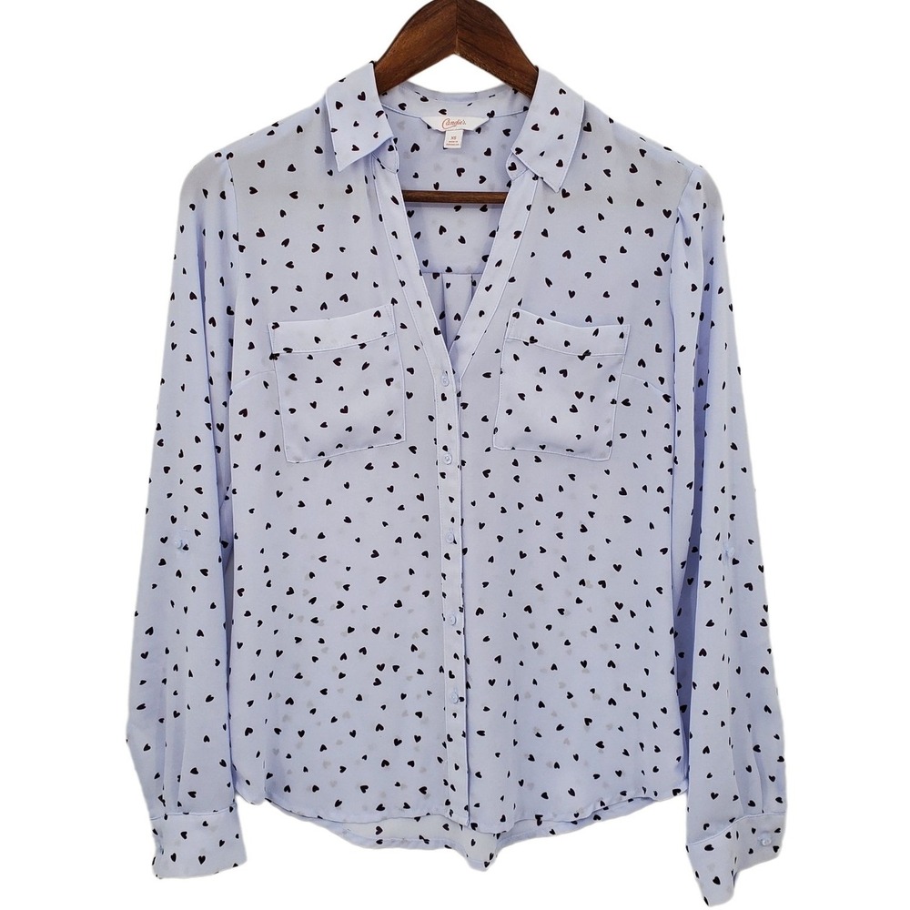 Candie's Womens XS Light Blue Heart Print Blouse Long Sleeve Button Front Shirt